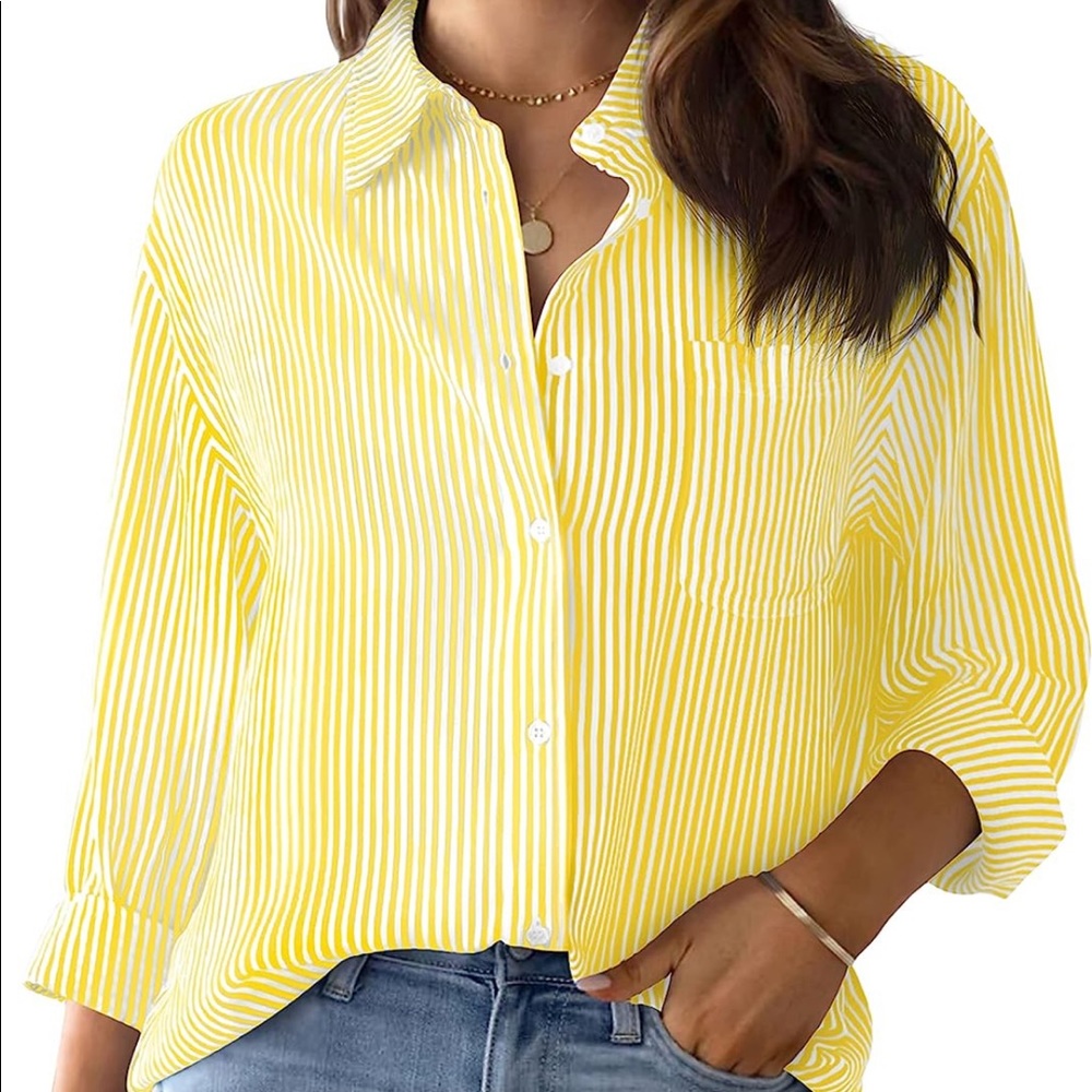 Amazon Yellow and White Striped Button-Down Shirt